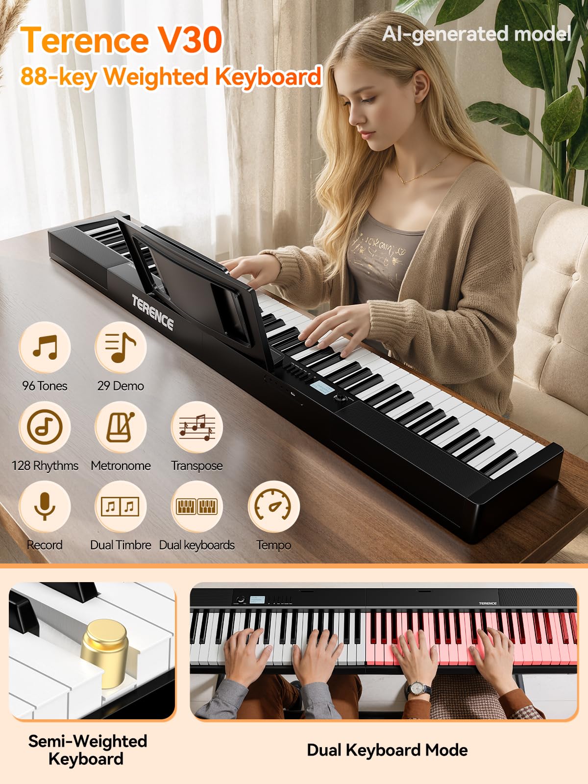 TERENCE V30 Portable Digital Piano 88 Key Weighted Keyboard Built